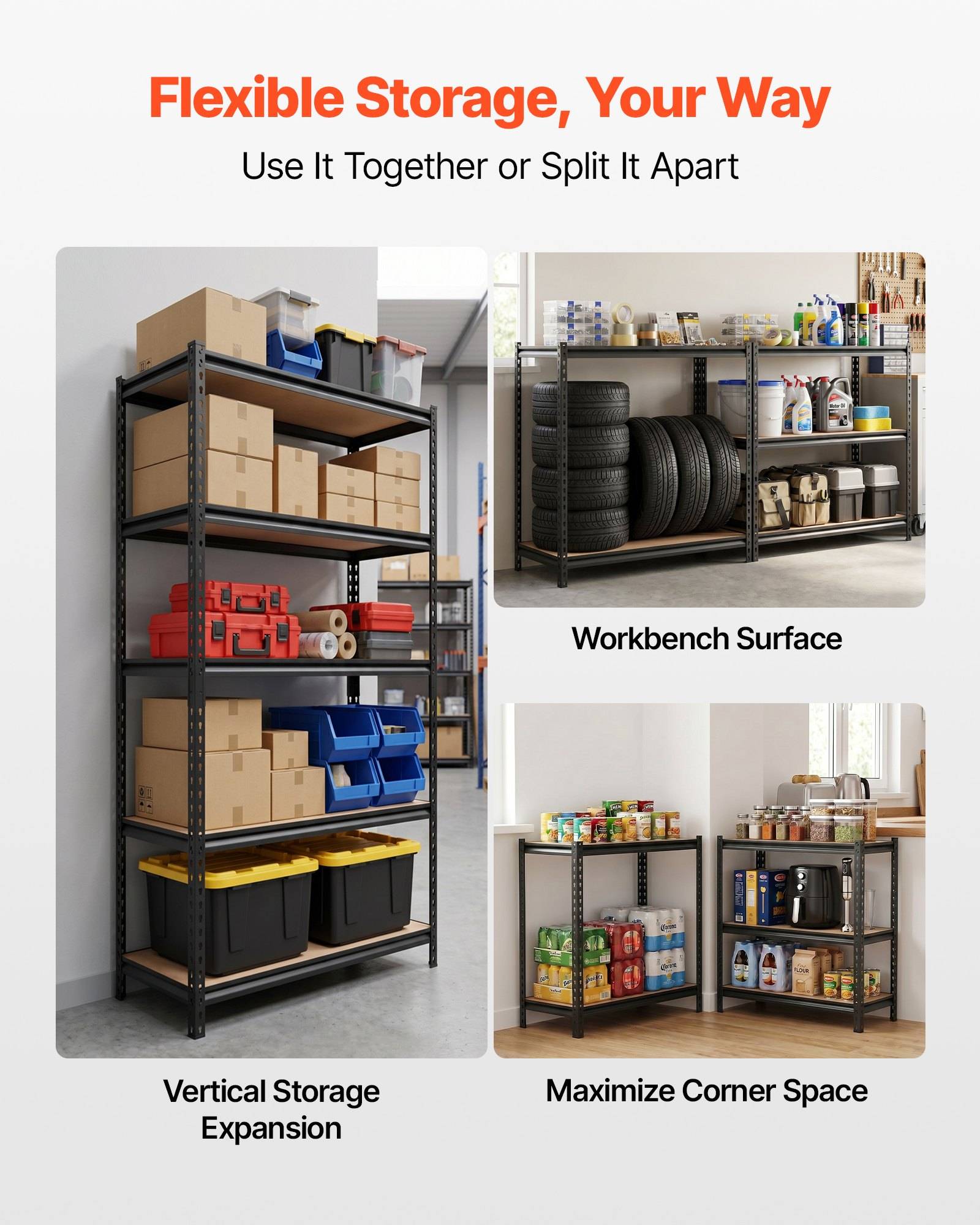 Werbefoto von modularen Lagersystemen, die vertikal als Arbeitstisch verwendet und zur Maximierung des Eckplatzes aufgeteilt werden.