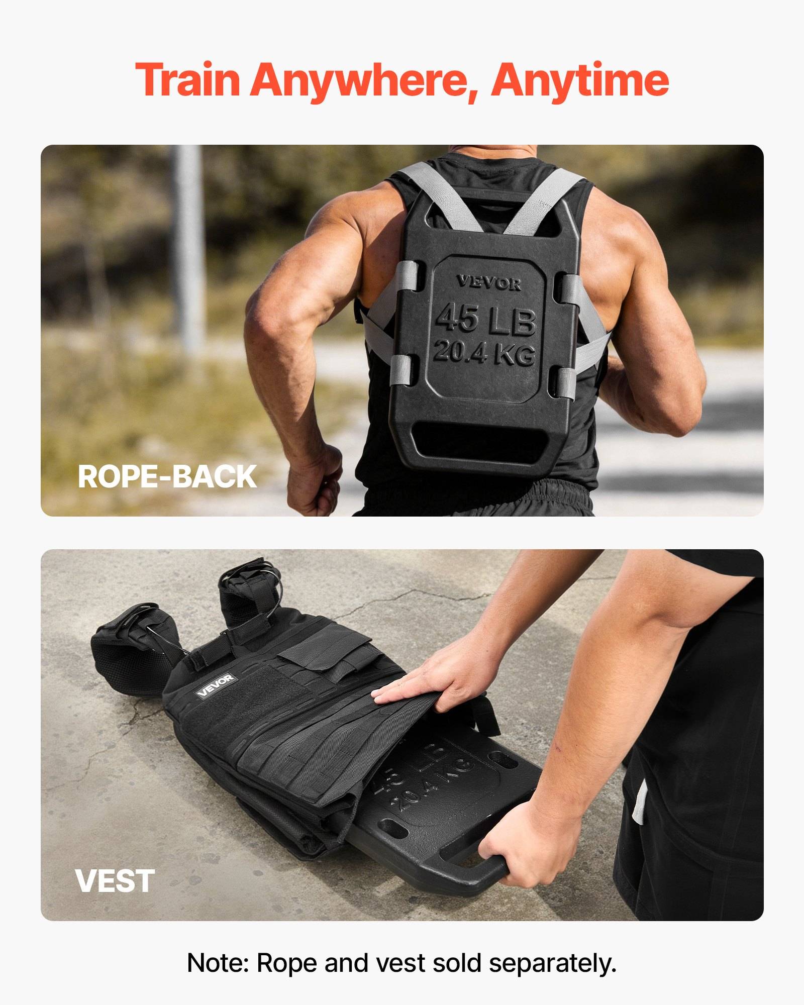 Fitness-Angebot, das einen Mann zeigt, der eine 45-Pfund-Gewichtsweste trägt, und ein separates WestenSystem mit abnehmbaren Gewichtsplatten; der Text besagt „Überall trainieren, jederzeit" und „Rope-back"" und „Weste"".