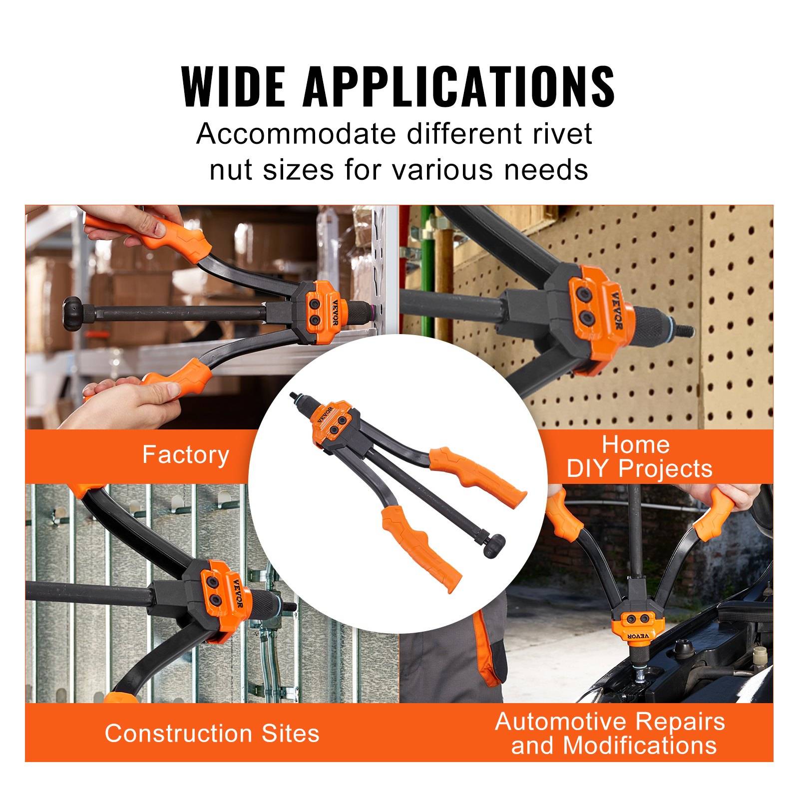Promotives Kollagen, das ein Gewindenietzangenwerkzeug für Fabrikarbeiten, DIY-Projekte, Baustellen und Autoreparaturen zeigt, mit dem Text „BREITE ANWENDUNGEN" und „Verschiedene Gewindenietzahlgrößen für unterschiedliche Anforderungen"".