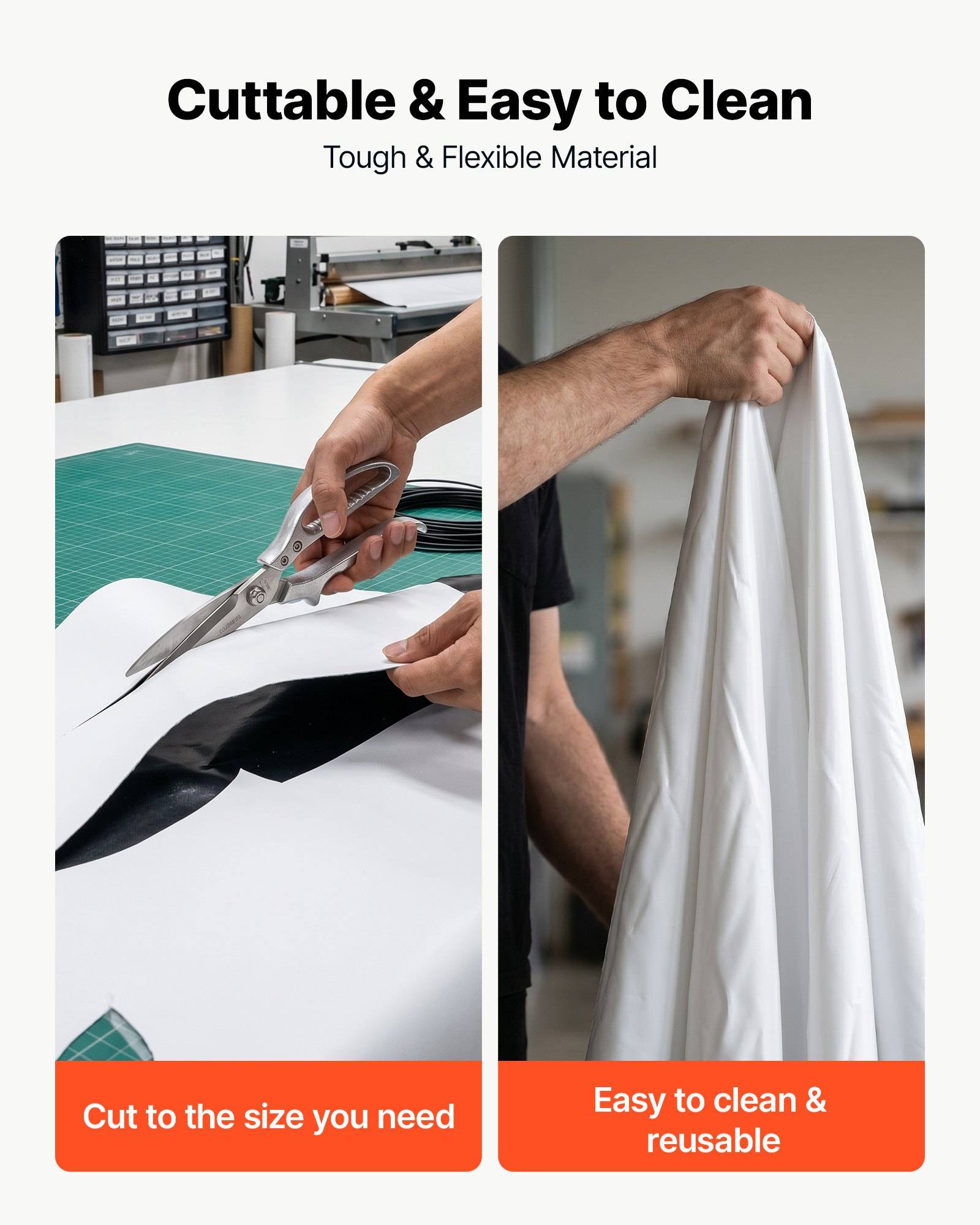 Werbegrafik für ein robustes, flexibles Material, das zeigt, dass es mit einer Schere zuschneidbar ist und leicht zu reinigen und wiederverwendbar ist.