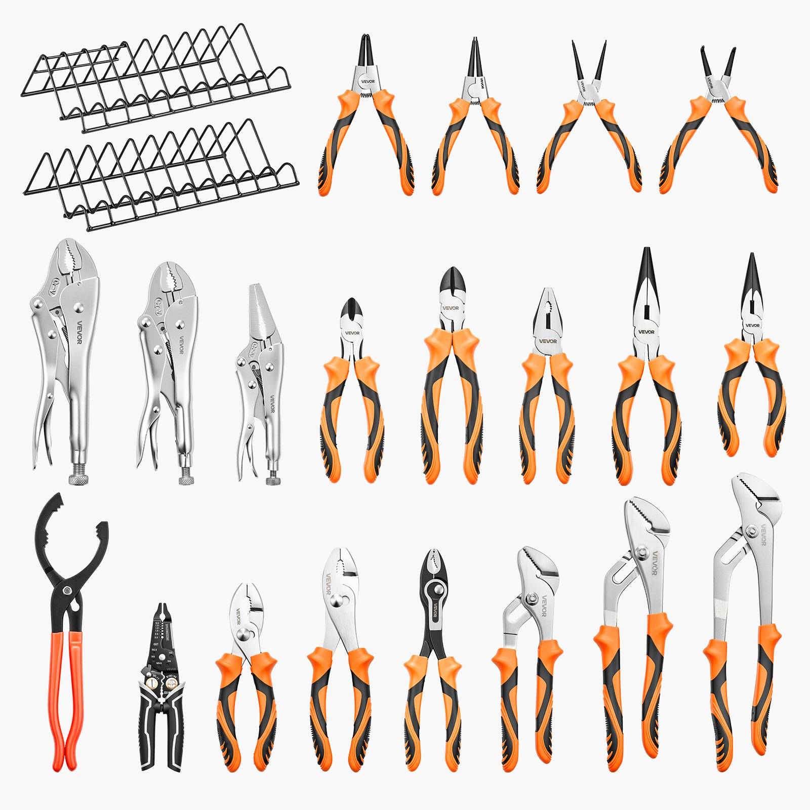 Sortierte Handwerkzeuge mit orange-schwarzen Griffen, darunter Zangen, Schneidwerkzeuge, Selbstschließende Zangen und Drahtregale, angeordnet auf weißem Hintergrund.