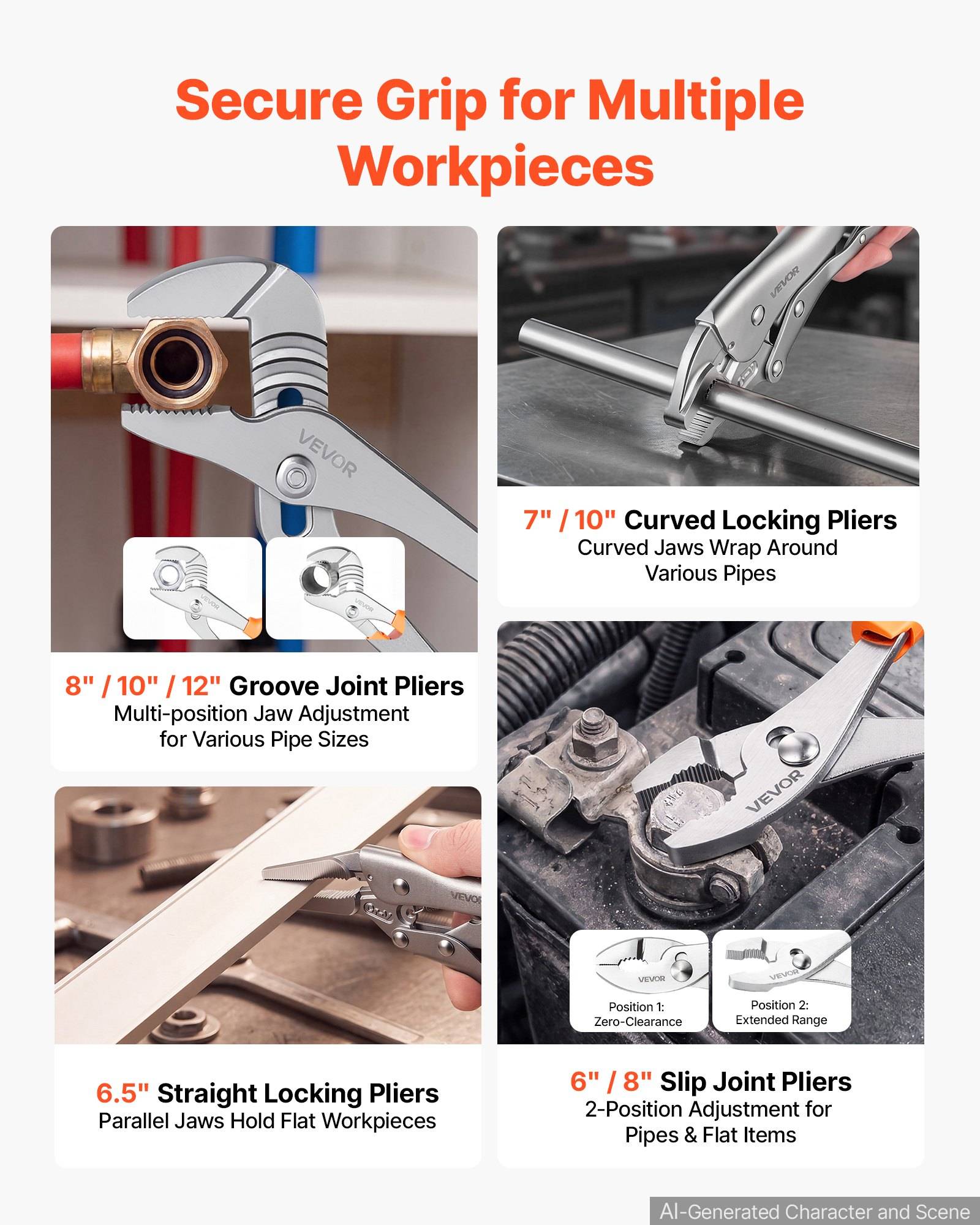 # Werbung für Spannzangen mit vier Typen: Nutenscharnier, gebogen, gerade und Gleitgelenk, mit Größen und Beschriftungen zum Greifen von Rohren, flachen Werkstücken und verschiedenen Formen.