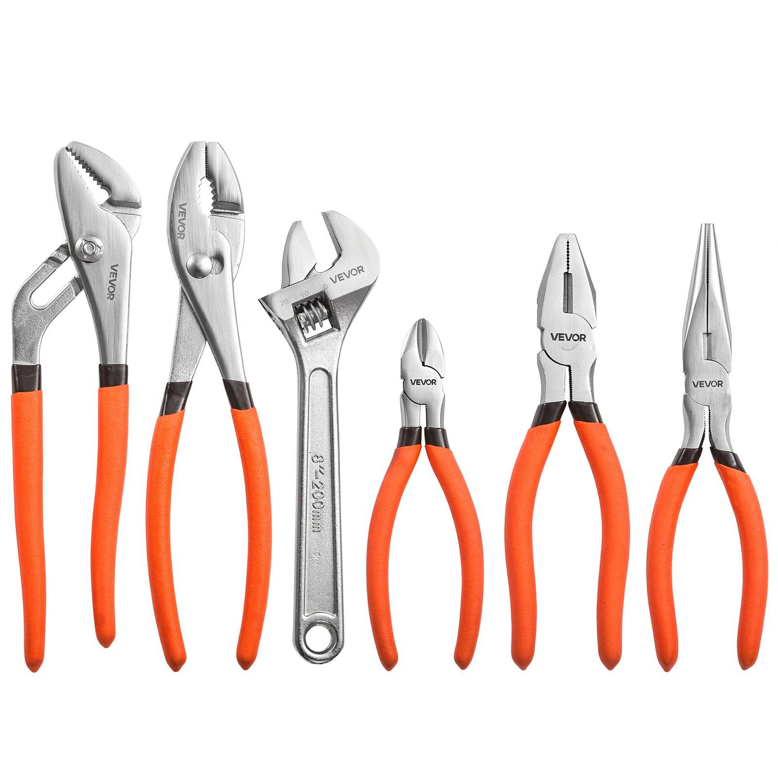 Sechs VEVOR-Handwerkzeuge mit orangefarbenen Griffen: Verstellzange, Kombinationszange, verstellbarer Schraubenschlüssel, Seitenschneider, Spitzzange und Langzange.