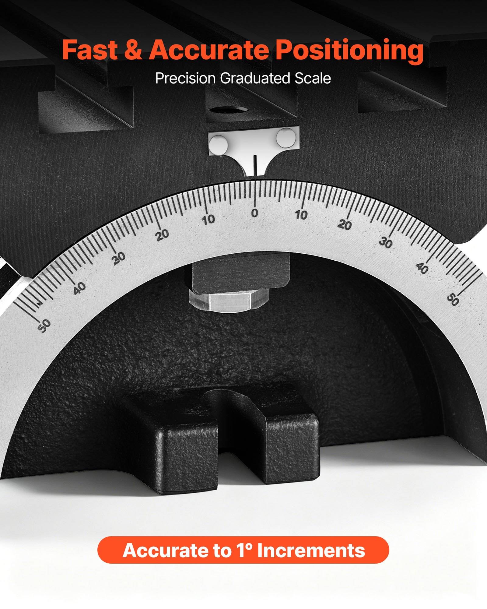 Nahaufnahme einer Präzisions-Graduiertenskala mit Gradmarkierungen für schnelle und genaue Positionierung, gekennzeichnet mit „Genau auf 1°-Schritte