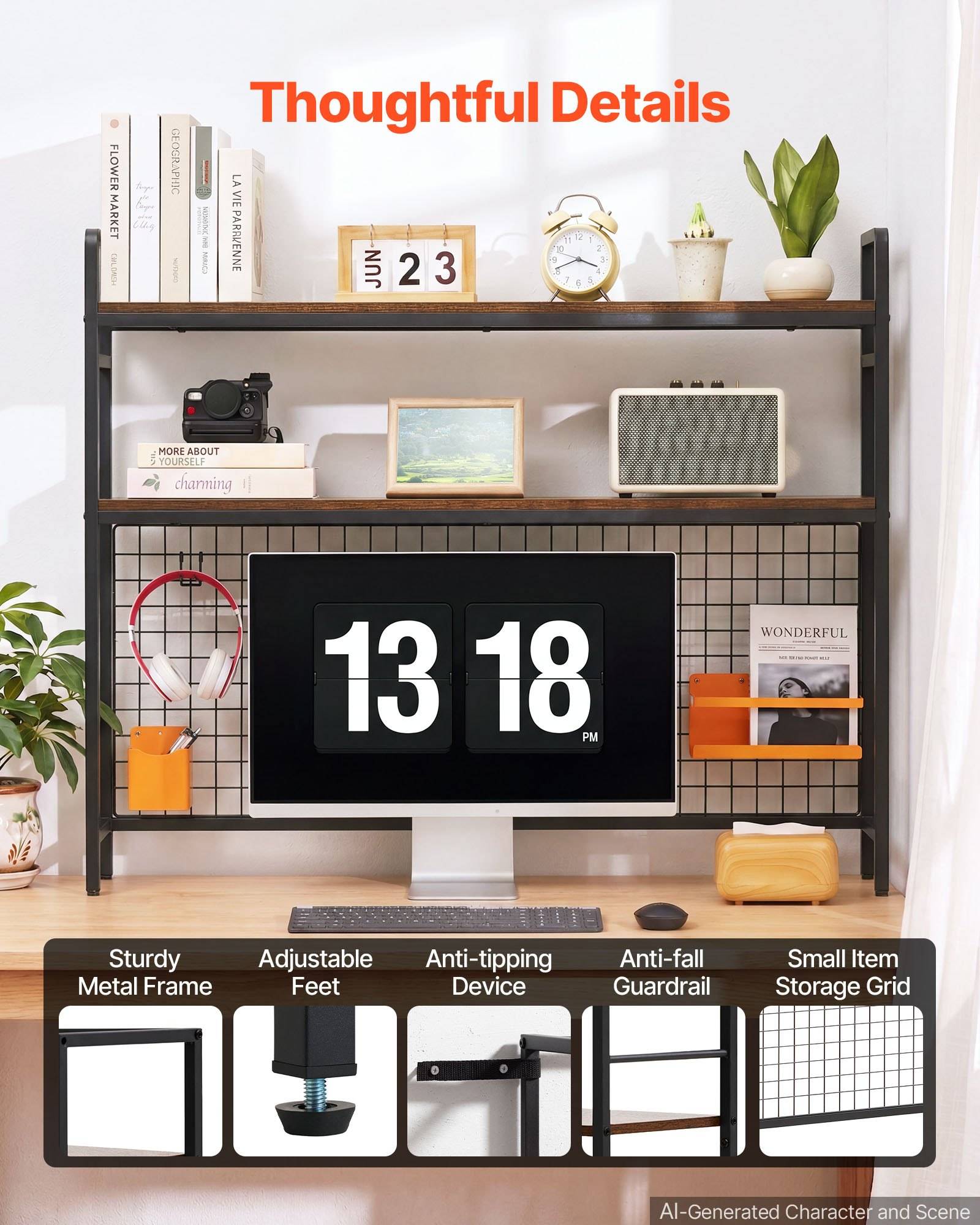 Ein stilvoller Metallschreibtisch mit Monitor, Regalen und Zubehör, gekennzeichnet mit „Durchdachte Details" und Hervorhebung von stabilem Rahmen, verstellbaren Füßen, Anti-Kipp-Vorrichtung, Anti-Sturz-Schutzschiene und Aufbewahrungsgitter für kleine Gegenstände.