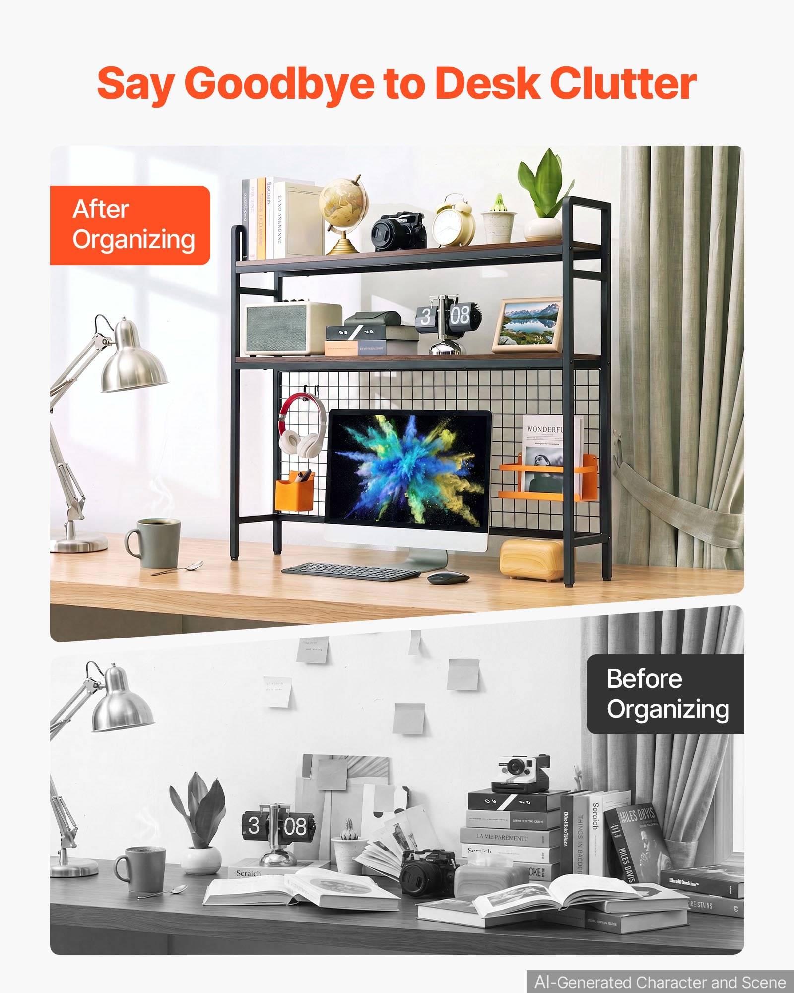 Schreibtisch-Vorher-und-Nachher-Setup: organisierter Arbeitsbereich mit Regalen, Monitor und Dekoration im Vergleich zu einem ungeordneten Schreibtisch mit den Bezeichnungen "Vor dem Organisieren"" und ""Nach dem Organisieren"".