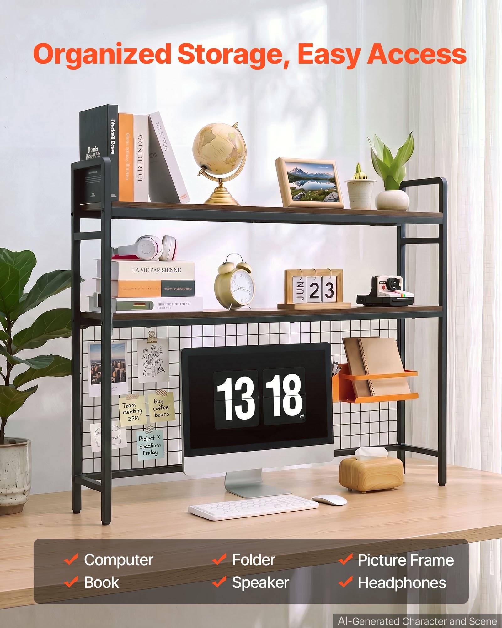 Schwarzer Metall-Schreibtischorganizer mit Regalen, auf denen Bücher, ein Globus, eine Pflanze, ein Monitor, eine Uhr, Kopfhörer und Ordner stehen, mit der Bezeichnung „Organisierte Lagerung, einfacher Zugriff".