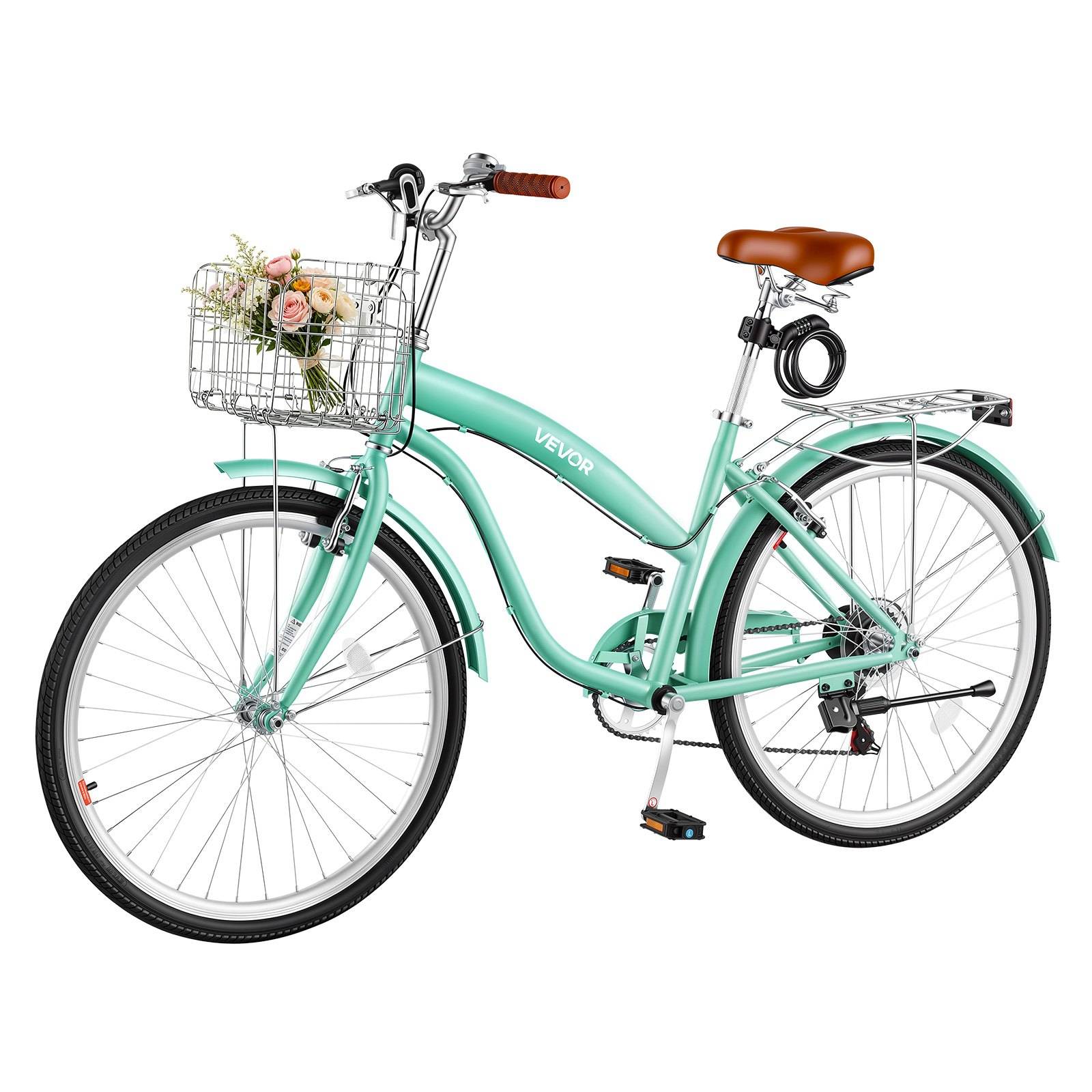 Mintgrünes Stufenfahrrad mit braunem Sattel und Griffen, vorderer Korb mit Blumen und Gepäckträger auf weißem Hintergrund.