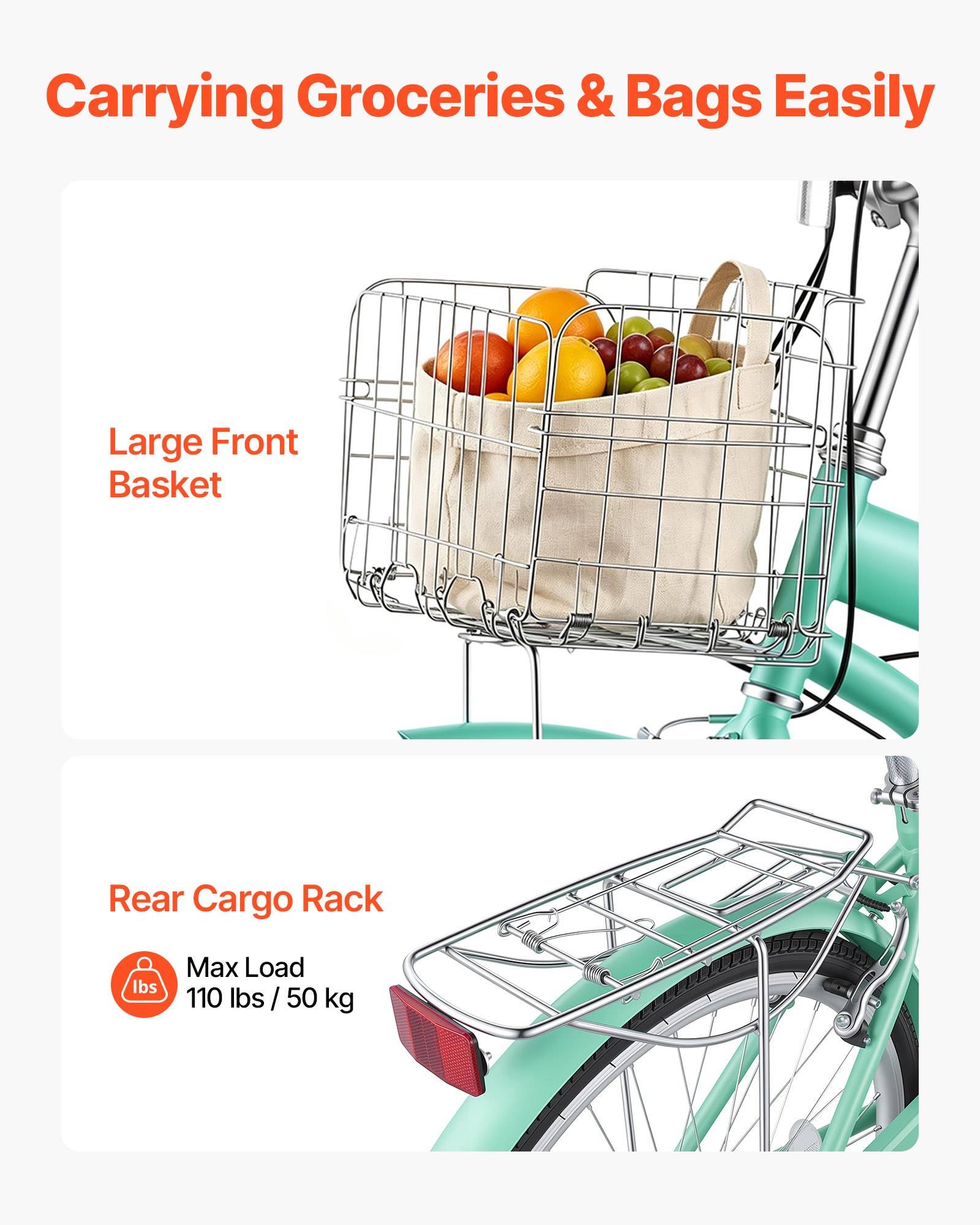 Werbegrafik eines Fahrrads mit einem großen vorderen Korb, der Lebensmittel trägt, und einem hinteren Gepäckträger mit der Aufschrift maximale Traglast 110 lbs/50 kg, mit dem Titel „Lebensmittel & Taschen einfach transportieren"