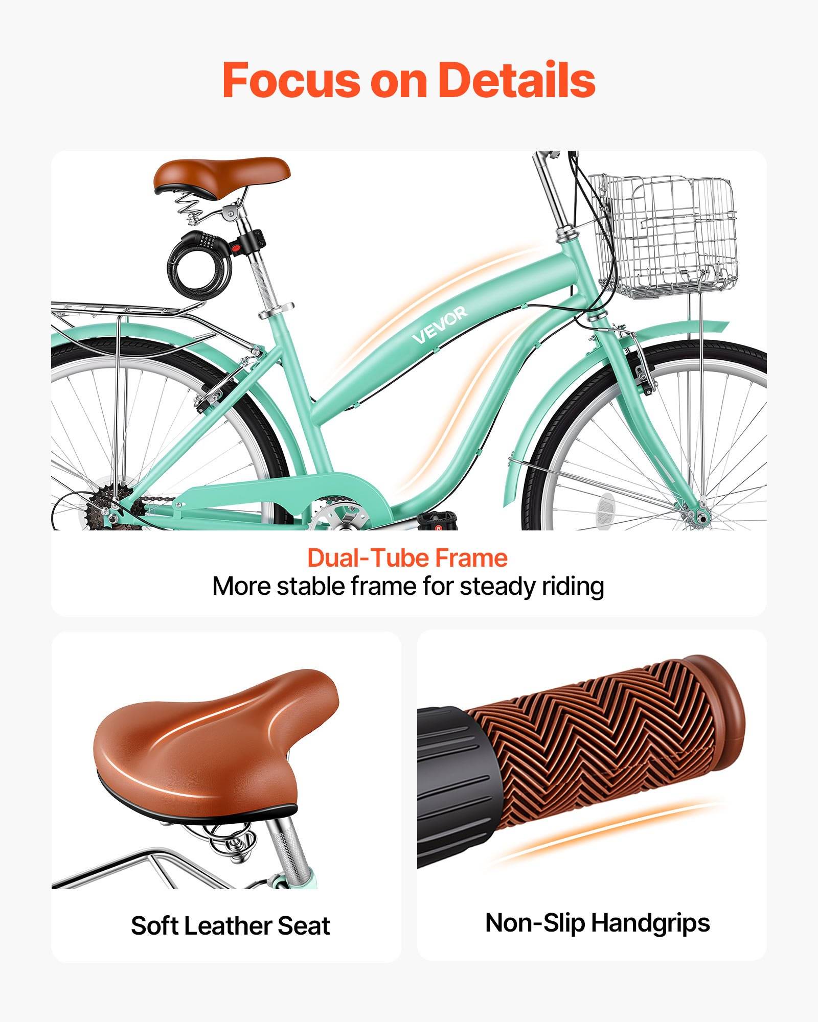 Werbegraphik für Fahrräder mit Detailfokus: „Konzentration auf Details" mit einem mintgrünen Fahrrad, gekennzeichnet durch Doppelrohrrahmen für Stabilität, sowie Sitz aus weichem Leder und rutschfeste Griffstücke.