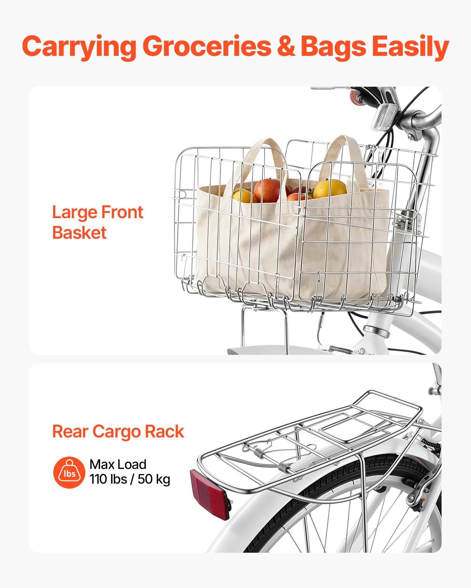 Werbegrafik mit einem Fahrrad mit großem vorderen Korb, der Einkaufstaschen trägt, und einem hinteren Gepäckträger; der Text lautet „Lebensmittel und Taschen mühelos transportieren" und „Maximale Traglast 110 lbs / 50 kg"".