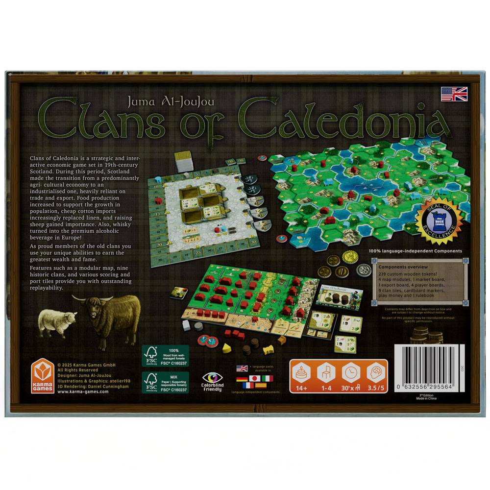 Brettspielschachtel-Abdeckung für „Clans of Caledonia", die den Spieltitel, eine Karte, Holzfiguren, Schafe und Rinder zeigt, mit Altersangabe 14+ und Spieleranzahl 1-4.