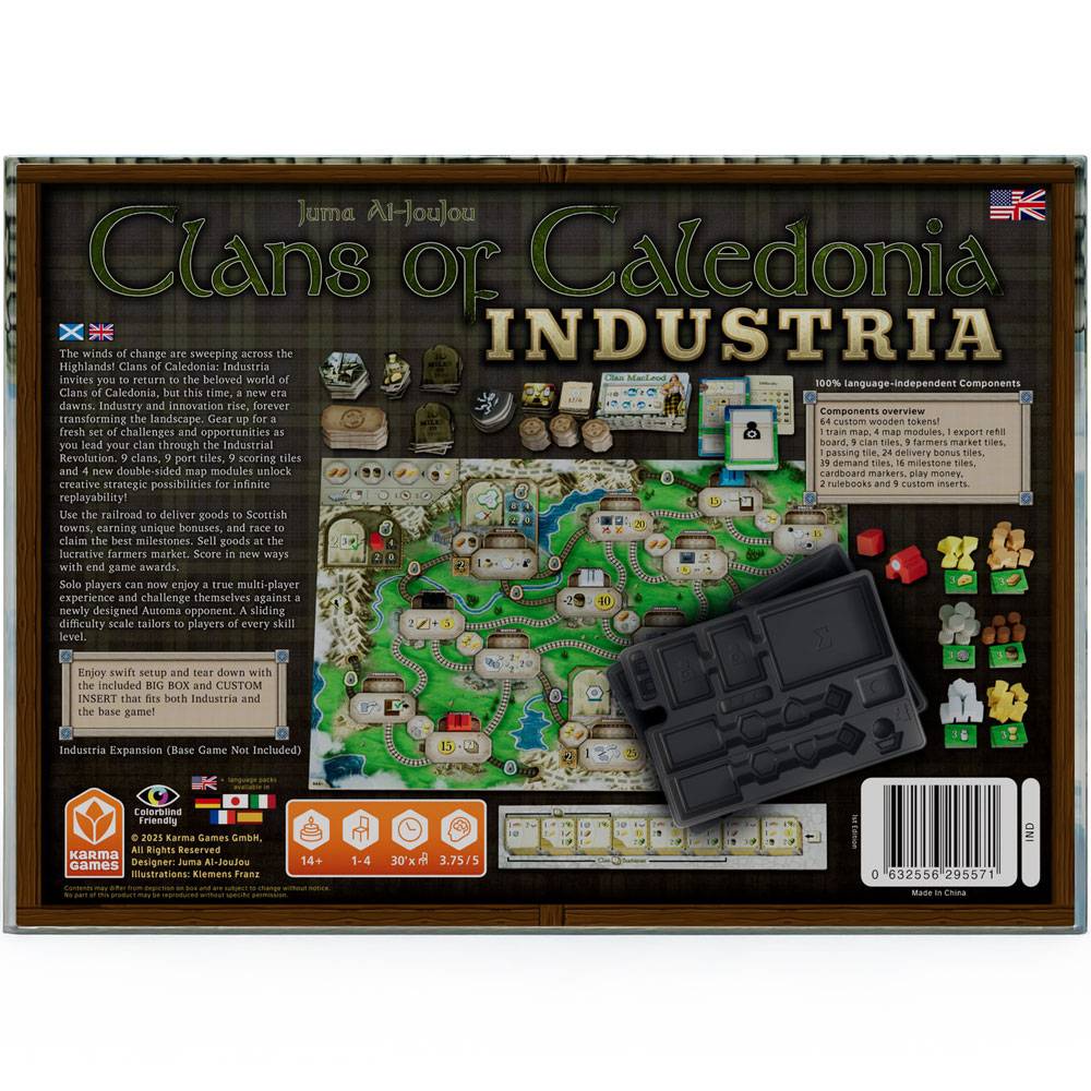 Rückseite einer Brettspielschachtel für "Clans of Caledonia Industria"" mit Karte, Komponenten, Regelübersicht und Spielerfiguren.