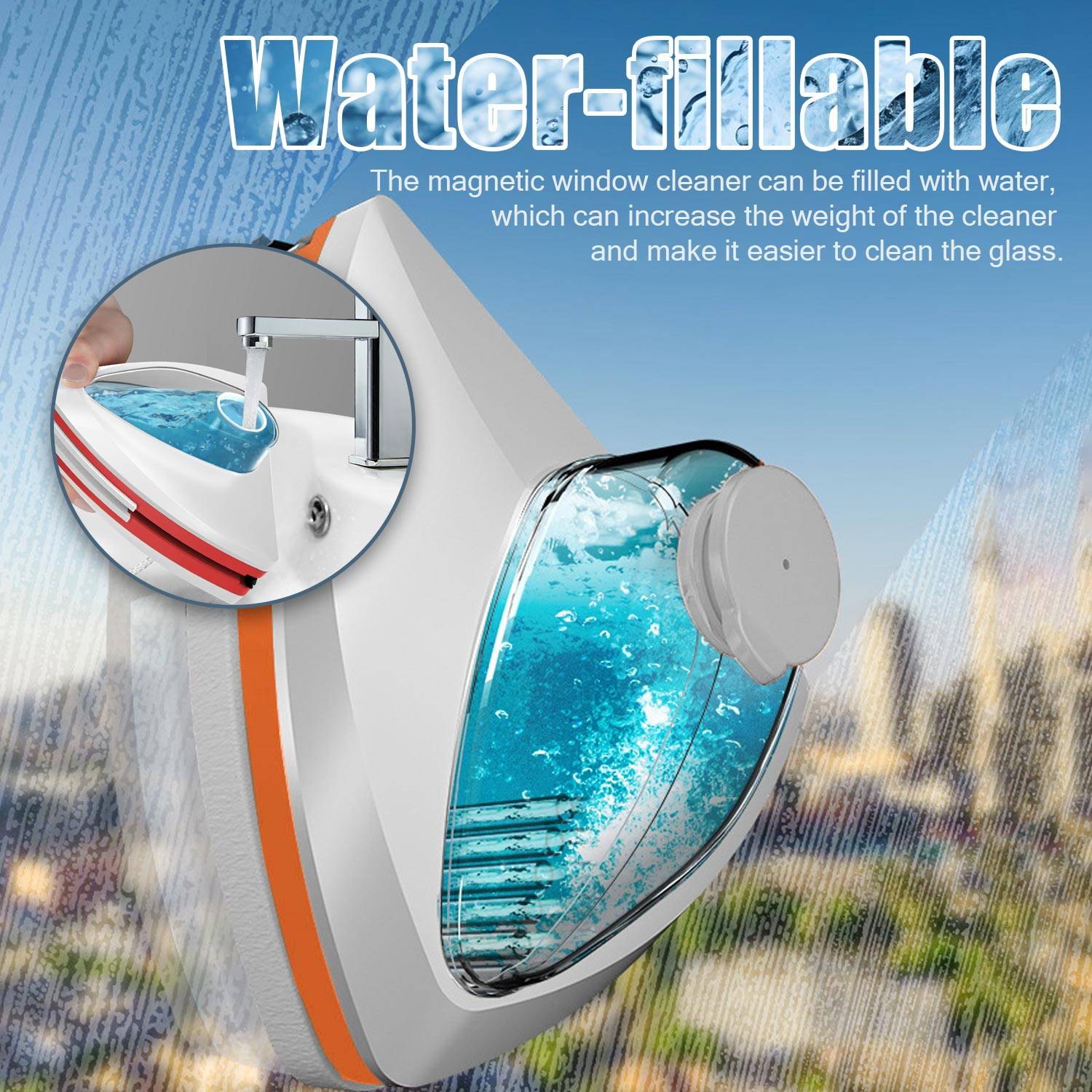 Werbung für "wasserfüllbaren"" magnetischen Fensterreiniger, der mit Wasser gefüllt ist, um das Gewicht zum leichteren Reinigen von Glas zu erhöhen.
