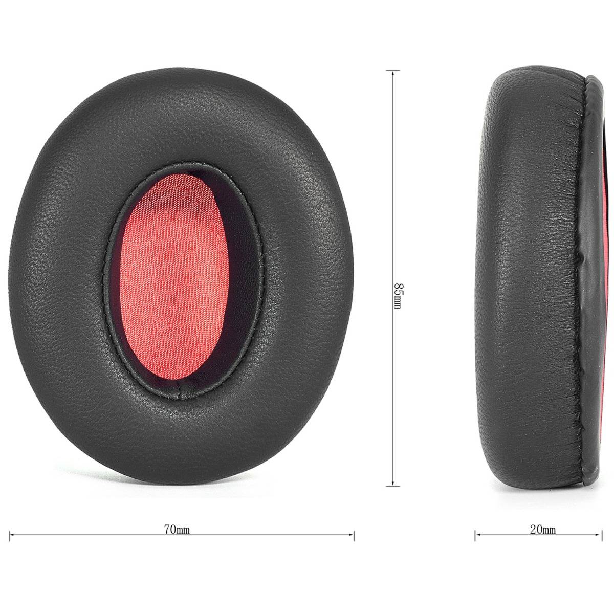 Schwarze ovale Schaumstoff-Ohrmuschel mit rotem Mittelteil, dargestellt in Vorder- und Seitenansicht mit Abmessungen von 85 mm Höhe, 70 mm Breite, 20 mm Tiefe.