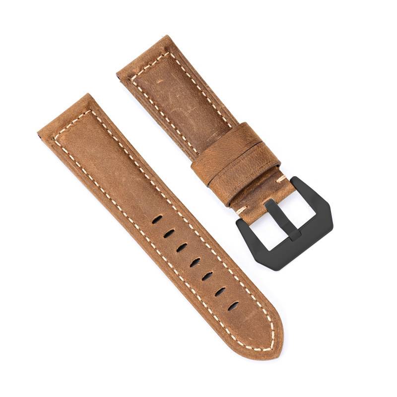 Braunes Lederarmband mit schwarzer Schnalle, gezeigt mit dem Armbandstück daneben auf weißem Hintergrund.