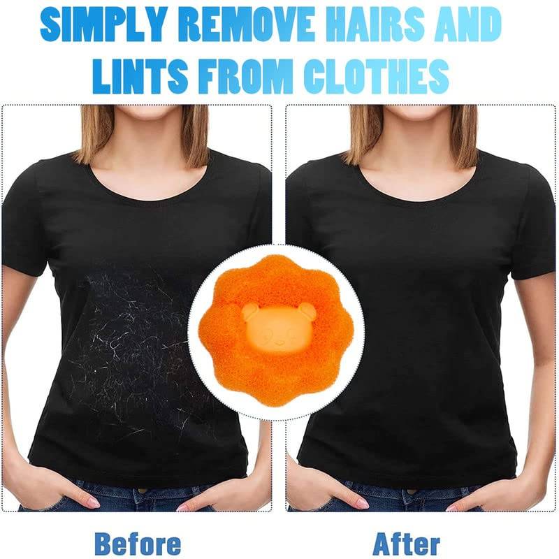 Vorher-Nachher-Vergleich, der ein schwarzes T-Shirt zeigt, das mit Flusen und Haaren bedeckt ist, dann gereinigt; der Text besagt „ENTFERNEN SIE EINFACH HAARE UND FLUSEN VON KLEIDUNG