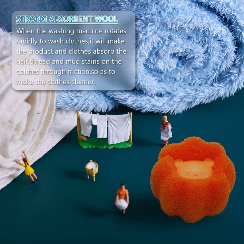Werbung für hochsaugfähige Wolle: Waschen entfernt Haare, Fäden und Schmutzflecken durch Reibung; das Bild zeigt Wolle, Wäsche und kleine Figuren um ein orangefarbenes schwamm-ähnliches Objekt herum.