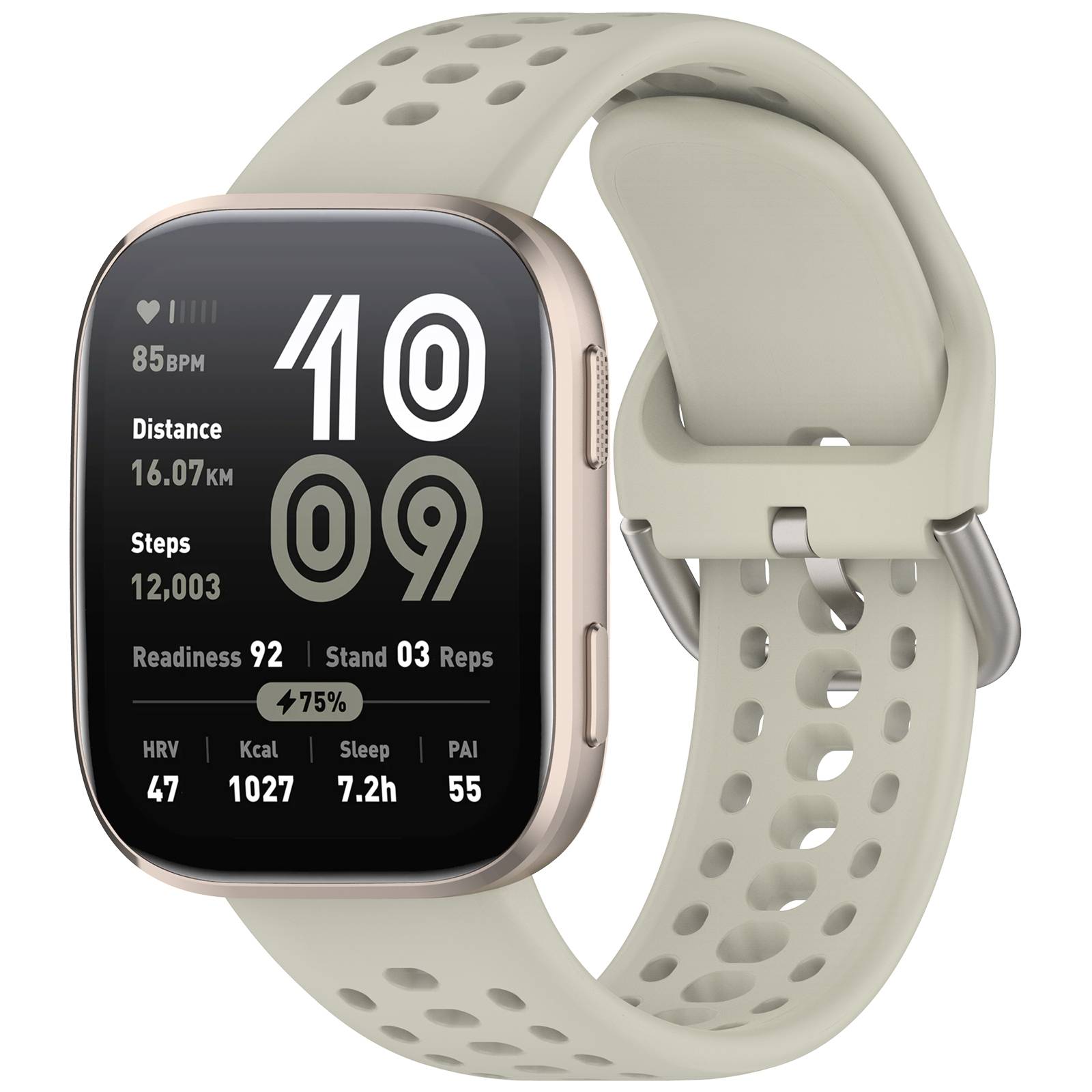 Beige Smartwatch mit perforiertem Sportarmband, das Fitnessdaten anzeigt, einschließlich Herzfrequenz, Distanz, Schritte, Bereitschaft, Schlaf und Akkuladestand.