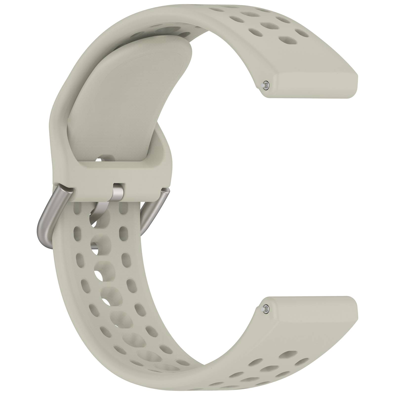 Beigefarbenes perforiertes Uhrenarmband mit gebogener Schließe und Metallschnalle, isoliert auf weißem Hintergrund gezeigt.