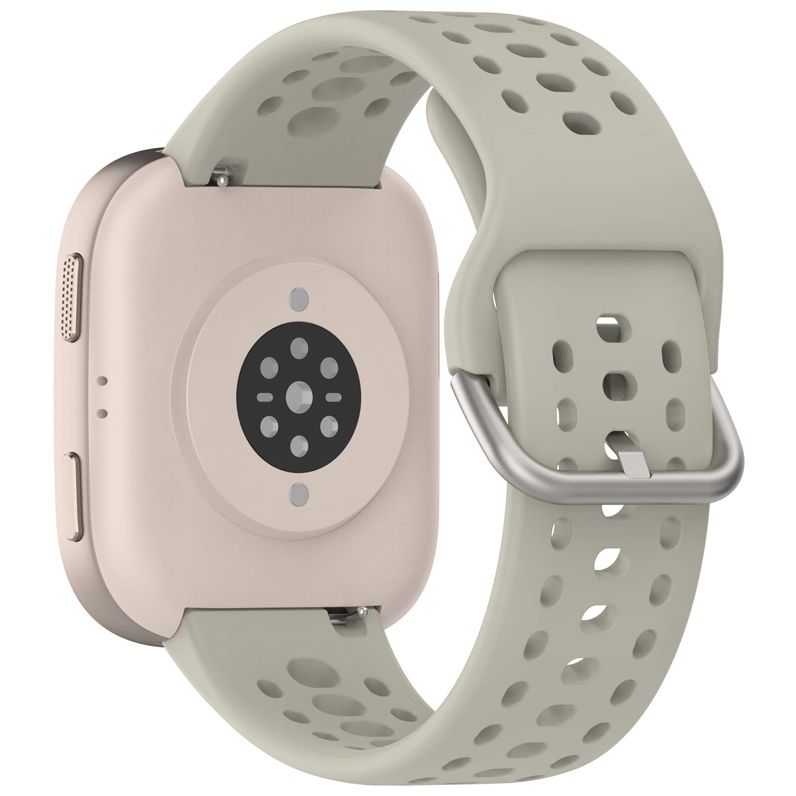 Smartwatch mit beigem Gehäuse und hellgrauem perforiertem Sportarmband, von hinten und von der Seite vor weißem Hintergrund gezeigt.
