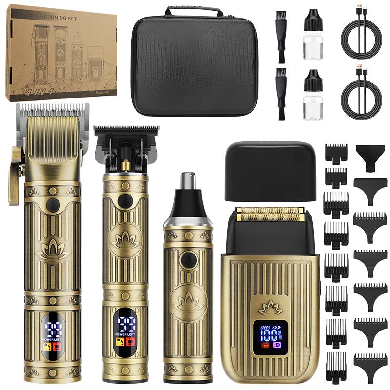 Verschiedene elektrische Haarschneider und Grooming-Set mit goldenen kabellosen Clippern, Aufsätzen, Ladekabeln, Öl und Tragetasche.