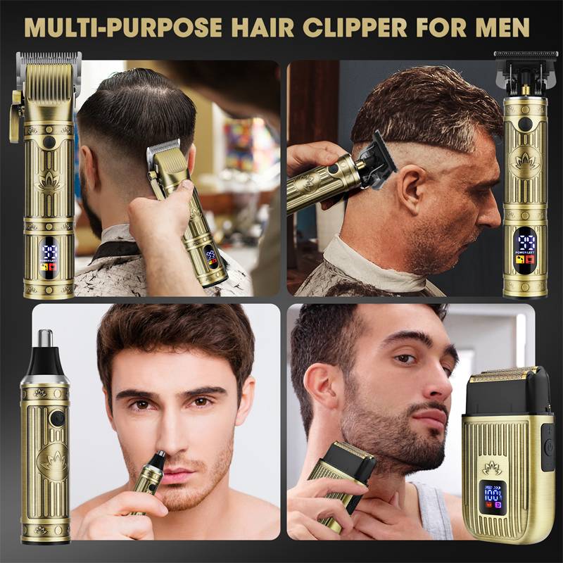 Werbecollage für einen goldenen Multifunktions-Haarschneider für Herren, der mehreren Männern die Haare und den Bart schneidet, mit Produktaufnahmen und einer digitalen Anzeige.