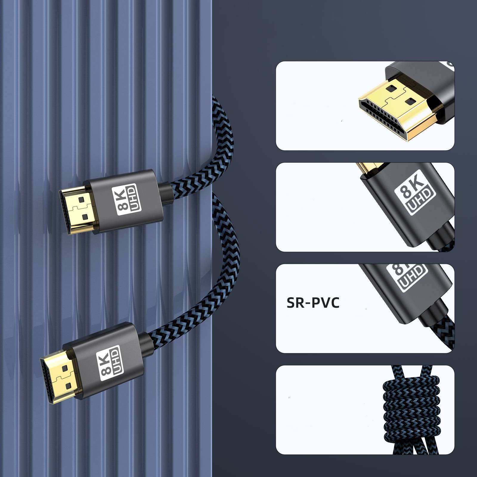 Werbebild von zwei 8K UHD geflochtenen HDMI-Kabeln neben Nahaufnahmen der vergoldeten Stecker, SR-PVC-Etikett und Kabelgeflecht.
