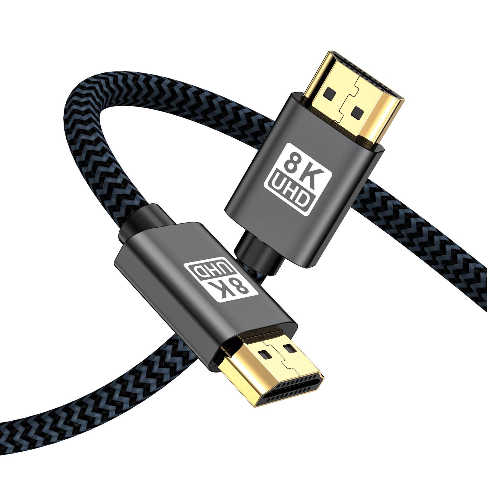 Zwei geflochtene HDMI-Kabel mit vergoldeten Steckern mit der Bezeichnung „8K UHD" auf weißem Hintergrund.