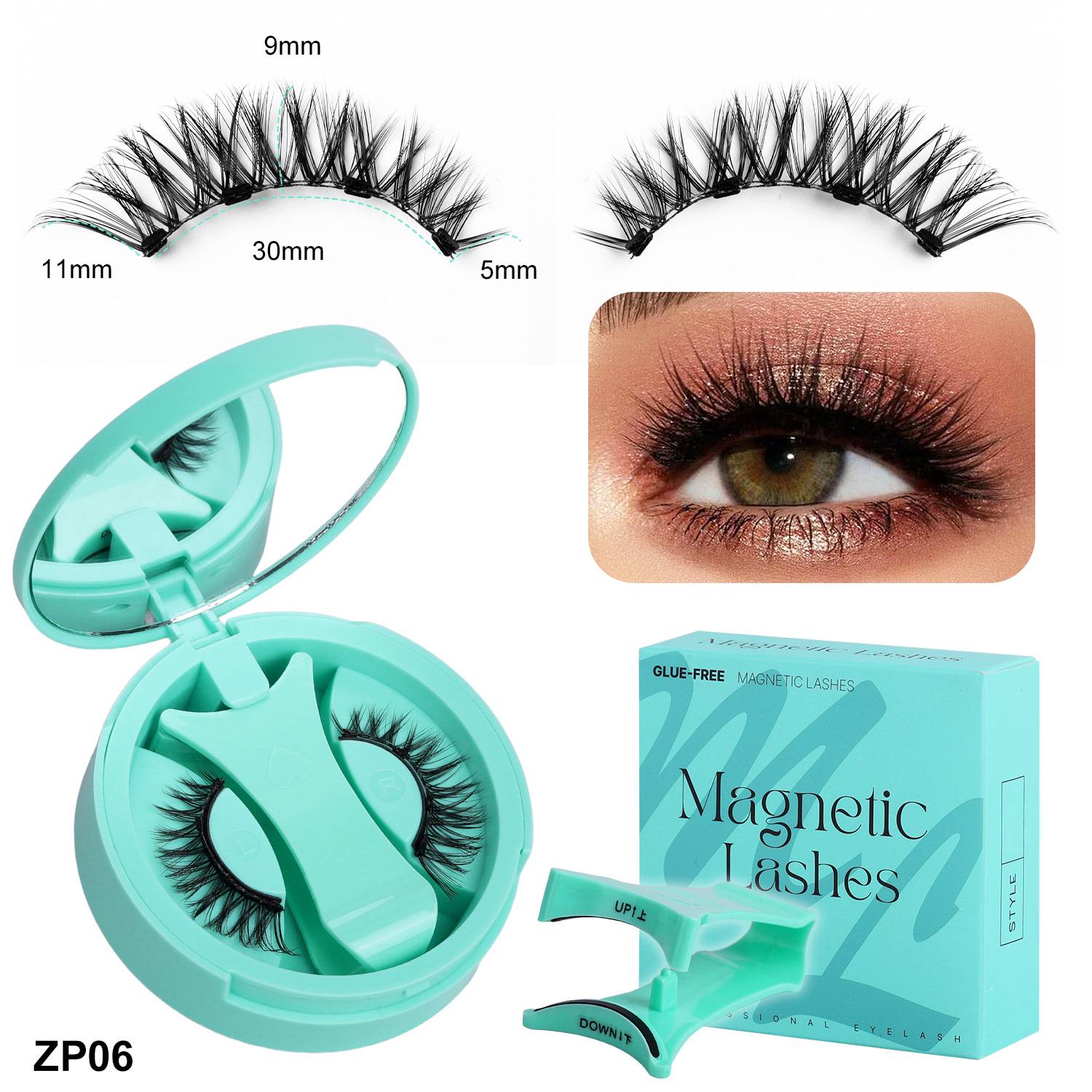 Produktbild von türkisfarbenen magnetischen falschen Wimpern mit Applikator, nahes Auge-Ergebnis und markierter Verpackung mit der Aufschrift „Magnetic Lashes