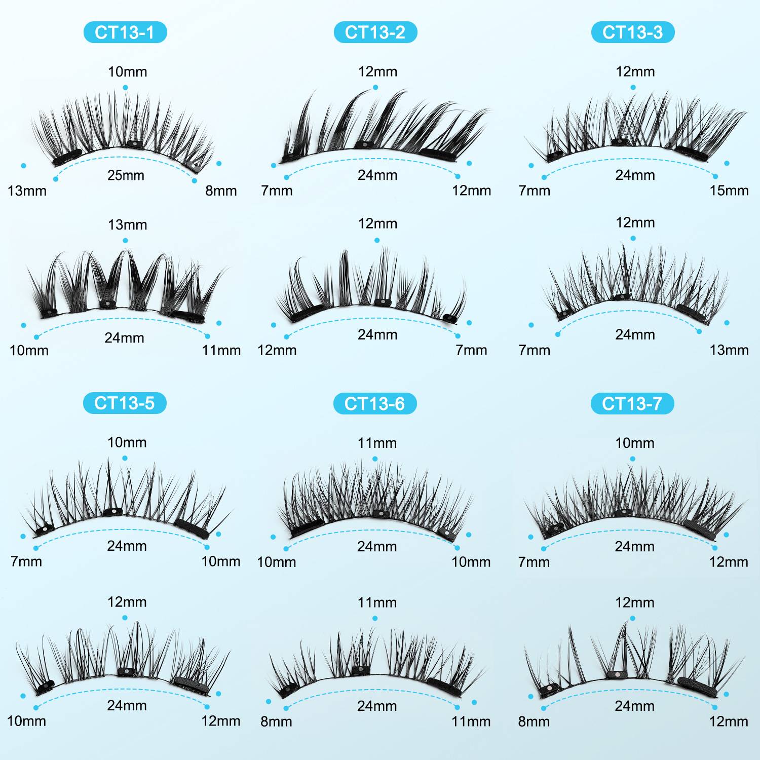 Diagramm mit neun Stilen von falschen Wimpern, beschriftet CT13-1 bis CT13-9, jeder mit unterschiedlichen Längenmessungen in Millimetern und einer Bandbreite von 24 mm.
