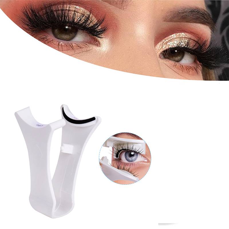Wimpernzange mit Nahaufnahme von Augen, die gekräuselte Wimpern zeigen, und einer kleinen Einblendung, die die Anwendung am Auge demonstriert.