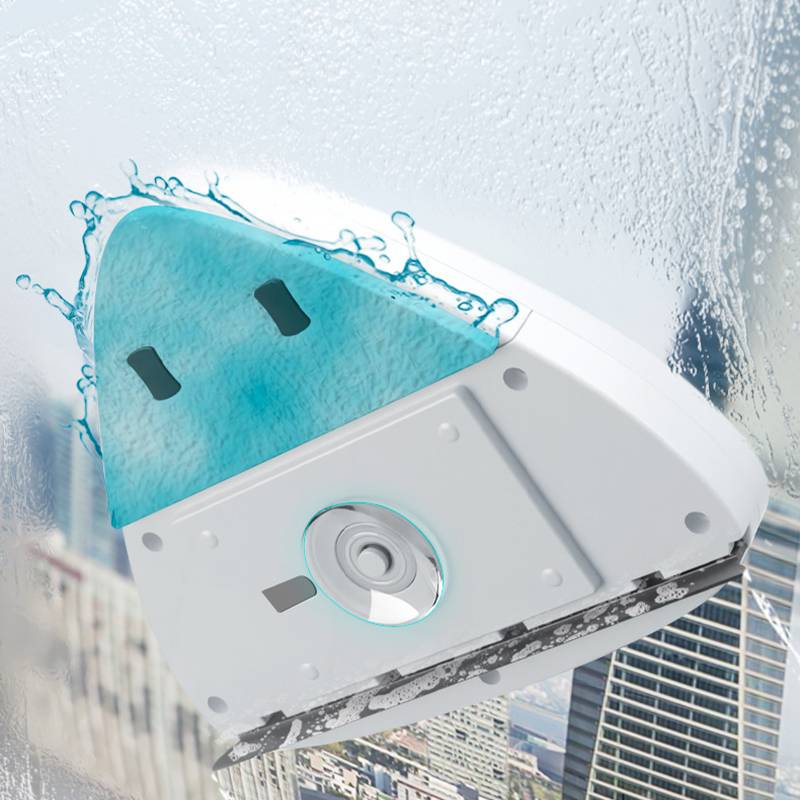 3D-Darstellung eines robotischen Fensterreinigungsgeräts mit einem blauen Mopp-Pad, das über ein Glasfenster eines Hochhauses kratzt, mit spritzendem Wasser.