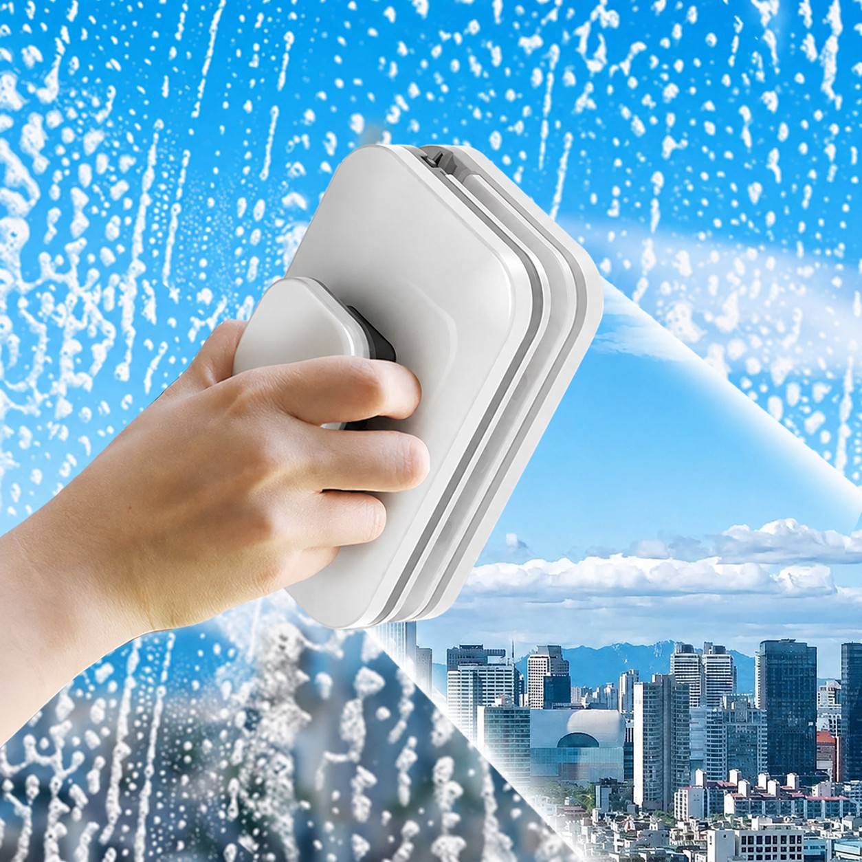 Eine Hand benutzt einen magnetischen Fensterreiniger zum Waschen einer Glasscheibe, wobei Wassertropfen und eine Stadtskyline durch den gereinigten Bereich sichtbar sind.