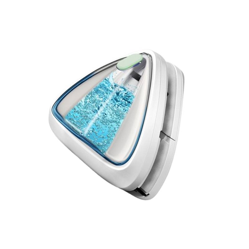 Dreieckiges weißes Dampfbügeleisen mit blauem Wassertank und durchsichtigem Schleifschuh, dargestellt in einer produktstilisierten isolierten Ansicht.