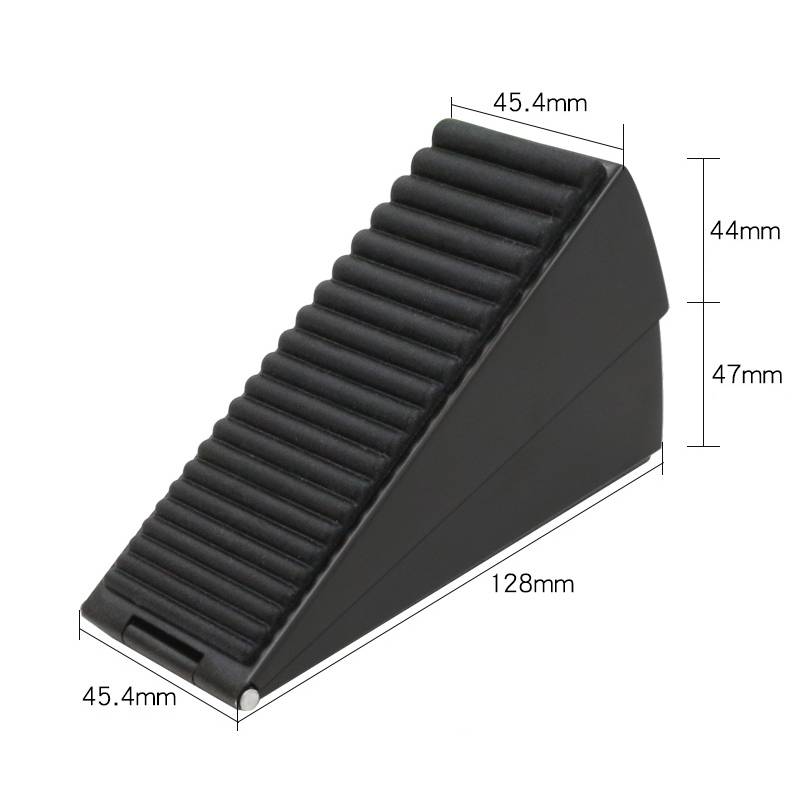 Schwarzer gerippter Keilförmiger Türstopper mit gekennzeichneten Abmessungen: 128 mm Länge, 45,4 mm Breite, 44 mm obere Höhe, 47 mm Basishöhe.