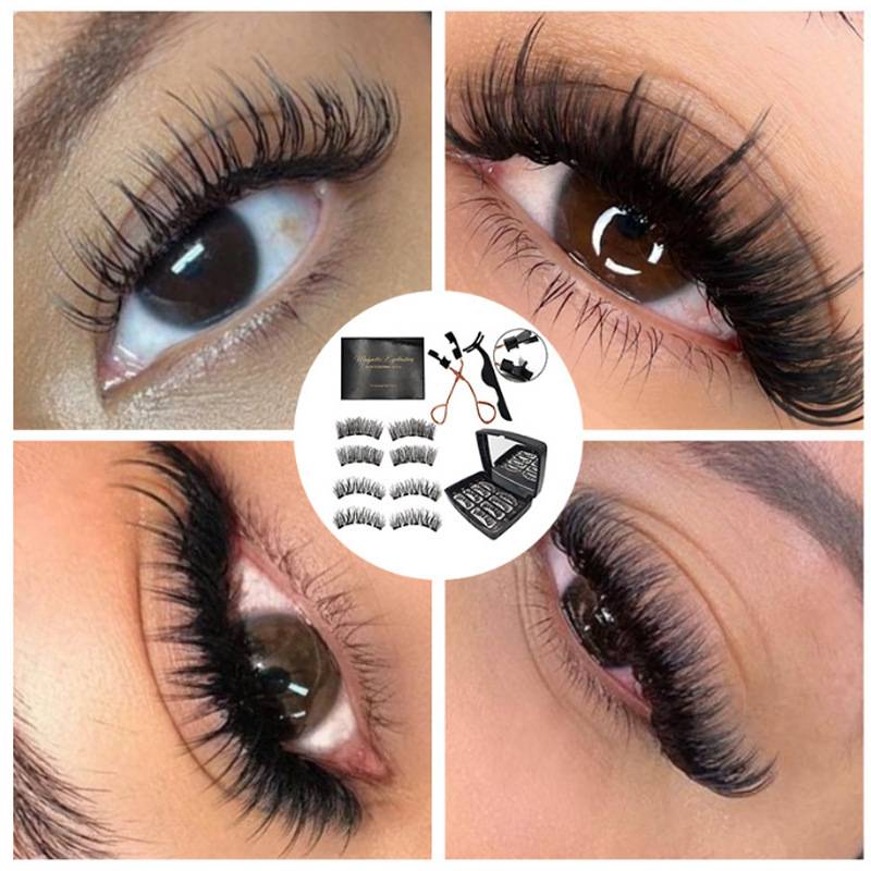 Collage von Nahaufnahmen von Augen mit langen dicken Wimpernverlängerungen; die mittlere Einlage zeigt Wimpernstreifen und Applikationswerkzeuge.