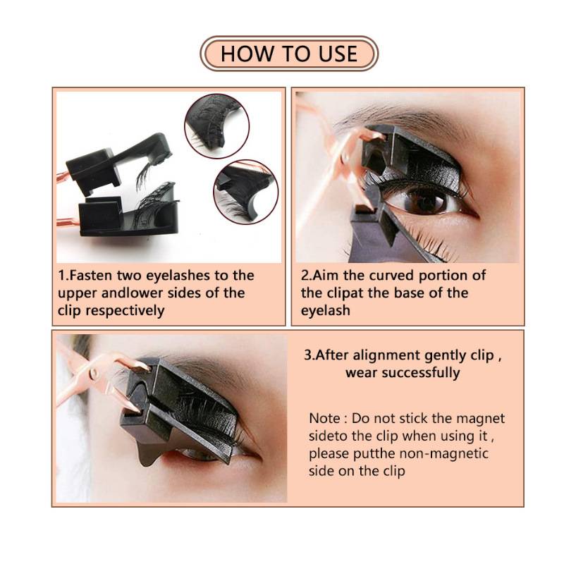 Anleitung mit Grafik zur Verwendung einer magnetischen Wimpernklammer: Zwei Wimpern an der Klammer befestigen, an der Wimpernwurzel ausrichten und dann sanft schließen, um sie anzubringen.