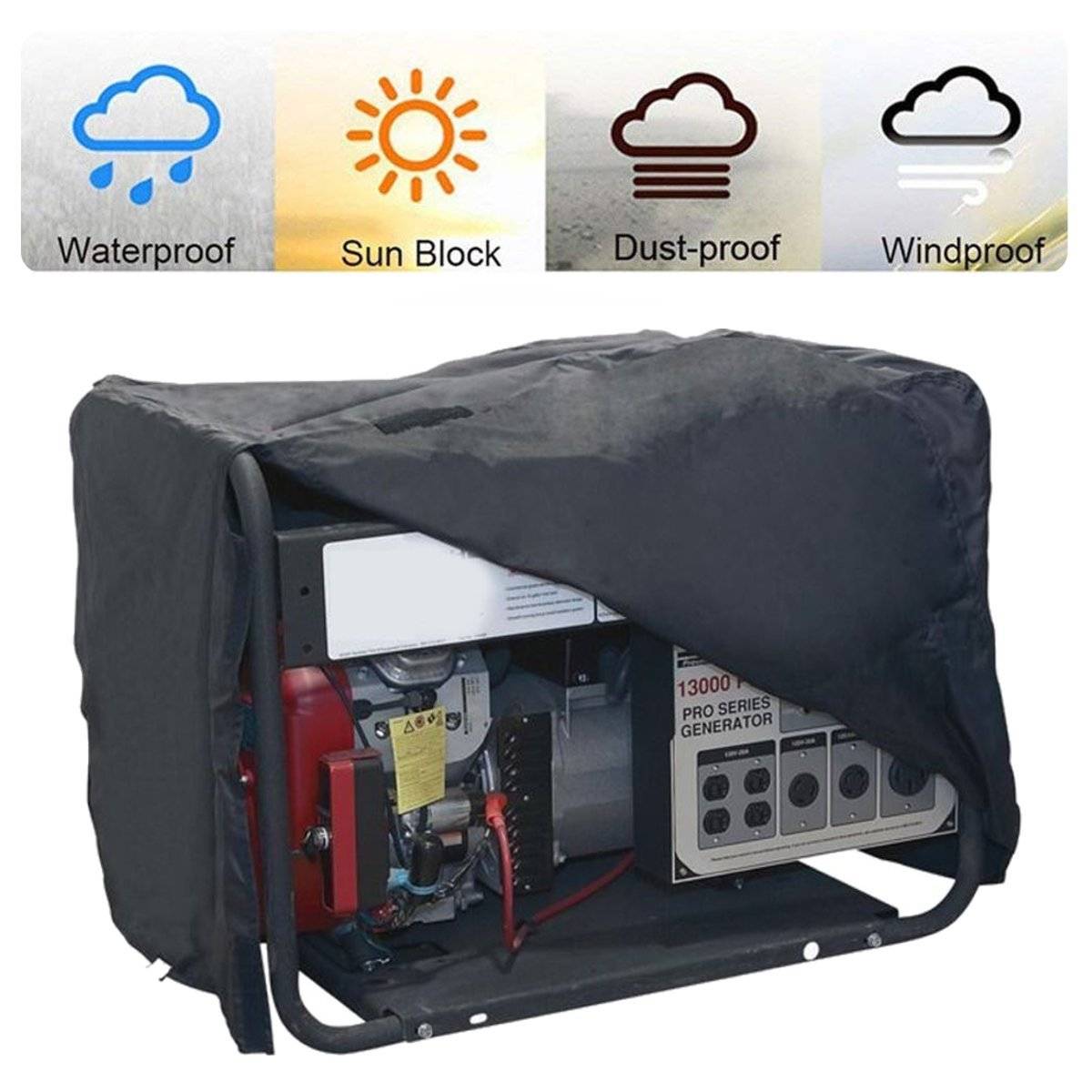 Generator unter einer schützenden schwarzen Outdoor-Abdeckung, mit Symbolen, die wasserdicht, sonnenschutzblockierend, staubdicht und winddicht sind.