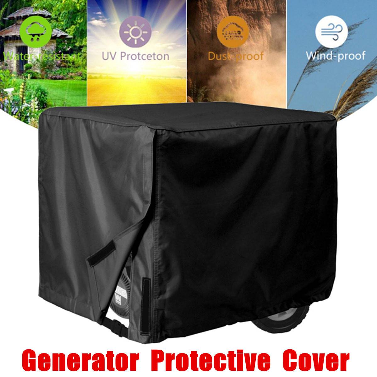 Schwarze Schutzhülle für Generator mit Vorderlasche, gezeigt mit Symbolen für Wasserdichtheit, UV-Schutz, Staubschutz und Windschutz.