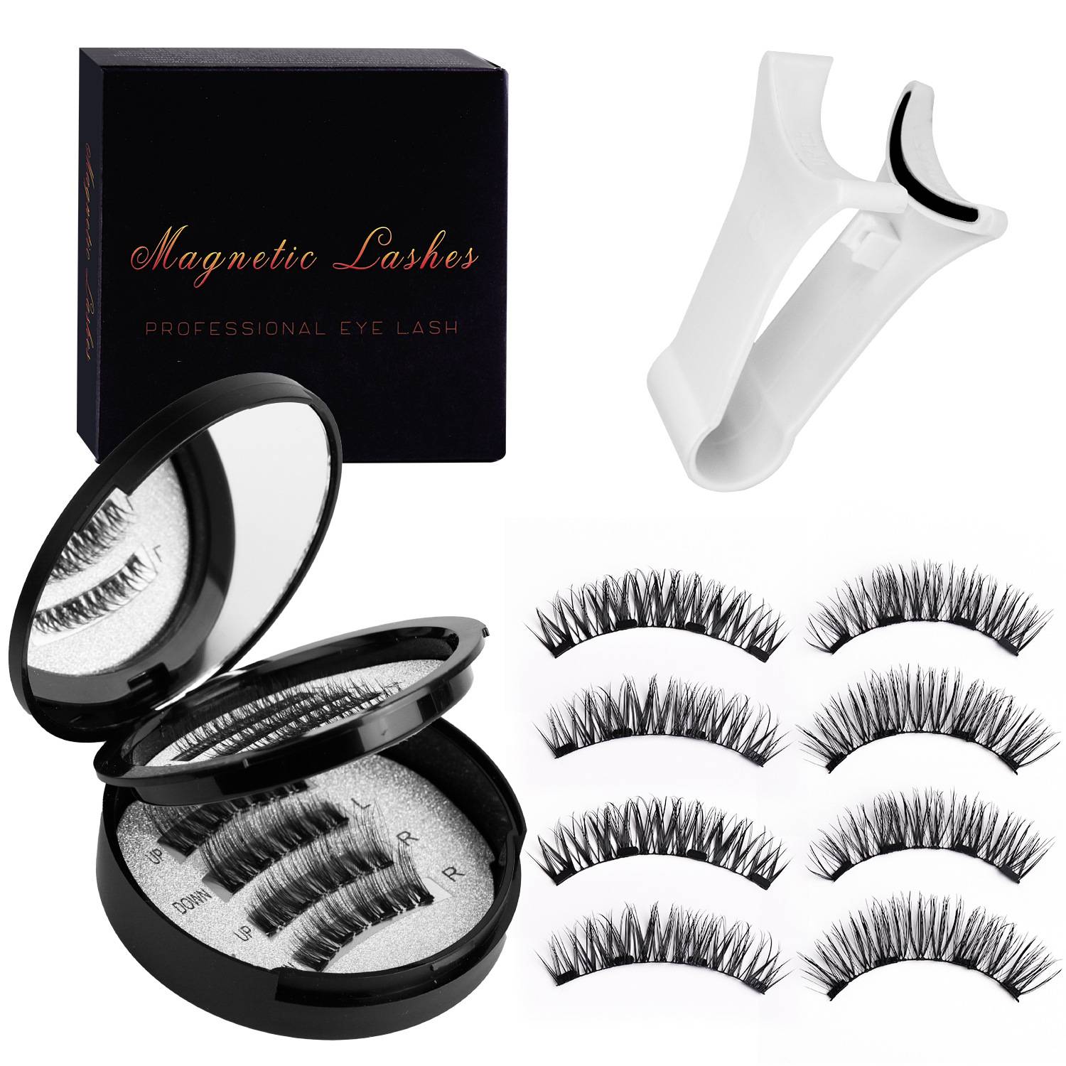 Produktabbildung eines Magnet-Wimpernsets mit schwarzem Etui, Applikator-Werkzeug und mehreren Wimpernstilen, die neben der Verpackung angeordnet sind.