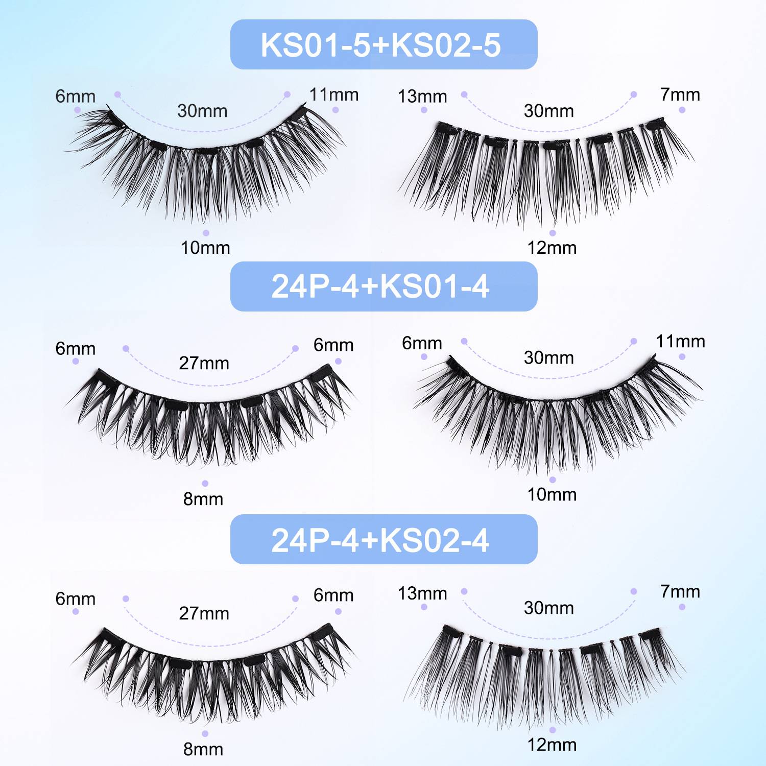 Produktvergleichsbild mit sechs Falschenwimpernstilen mit den Bezeichnungen KS01-5+KS02-5, 24P-4+KS01-4 und 24P-4+KS02-4, mit Wimpernlängen in Millimetern, die über jedem Set markiert sind.