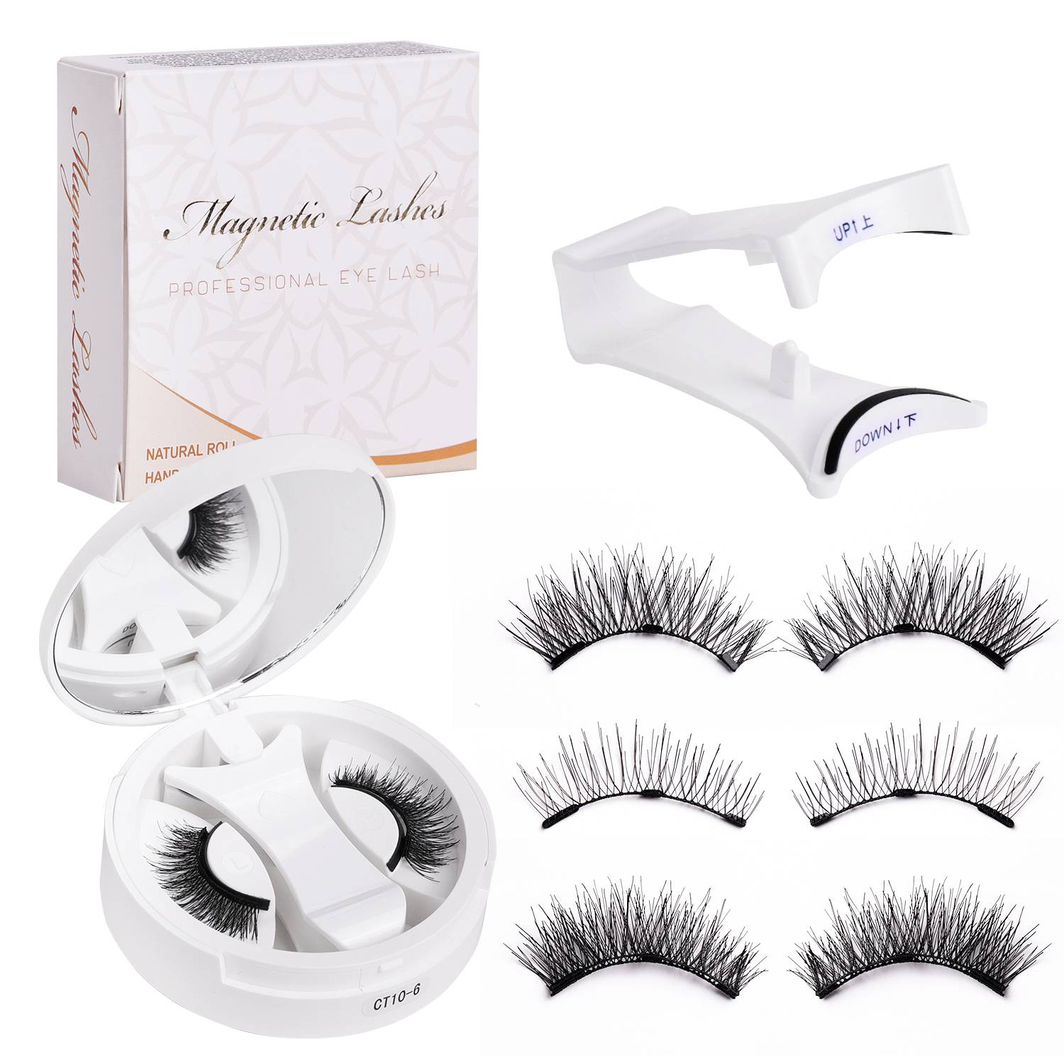 Magnetisches Wimpern-Set mit Box, Applikator, Spiegelgehäuse und sechs Paar künstliche Wimpern in verschiedenen Stilen.