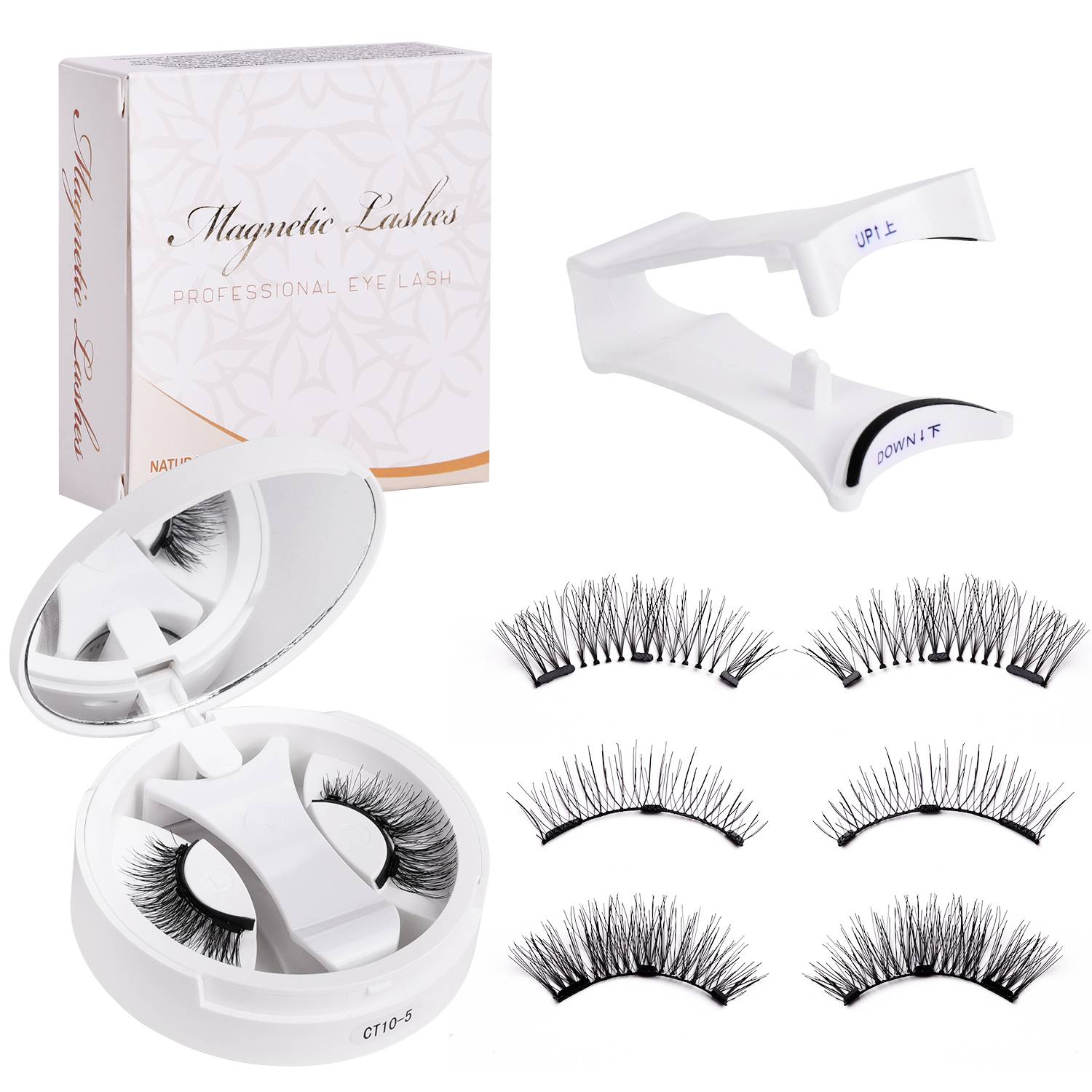 Magnetische Wimpern-Set mit Etui, Applikator-Werkzeug und sechs Wimpernpaar, abgebildet mit Verpackung und Spiegelkompakt.