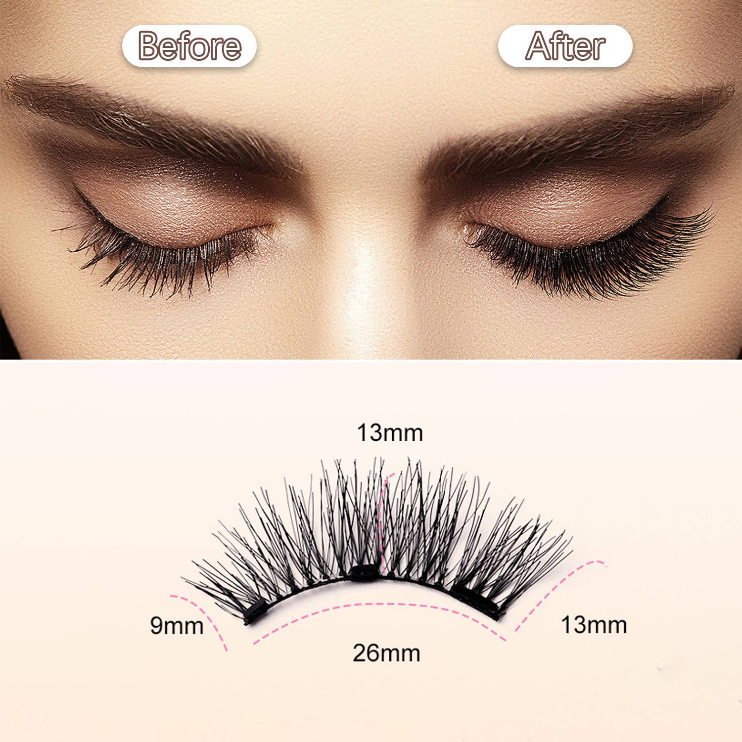 Vergleich der Augenbrauen- oder Wimpernverlängerung: "Vorher"" und ""Nachher"" Nahaufnahmen oben, mit einem Wimpernverlängerungs-Diagramm unten, das Messungen von 9mm, 13mm und 26mm zeigt.