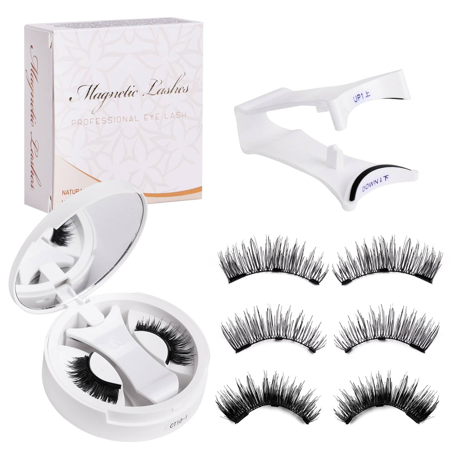 Werbebild einer magnetischen Wimpern-Kollektion mit Etui, Applikator, Schachtel und sechs Paaren künstlicher Wimpern in verschiedenen Stilen.