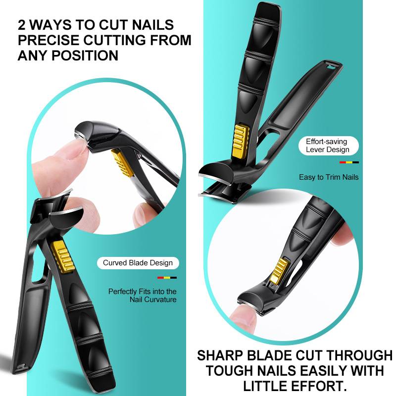 Werbegrafikfür einen Nagelknipser mit der Aufschrift „2 Möglichkeiten zum Schneiden von Nägeln – präzises Schneiden aus jeder Position", mit gebogenem Klingendesign und Hebeldesign für harte Nägel.