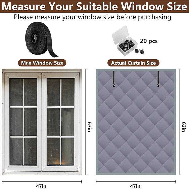 Instruktionsgrafik zum Messen der Fenstergröße vor dem Kauf: maximale Fenstergröße 47 Zoll breit x 63 Zoll hoch, tatsächliche Gordingröße 47 Zoll x 63 Zoll, mit 20 Stück dargestellt.
