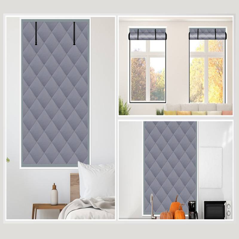 Collage von grauen gesteppten Raffrollos, die über Fenster in einem Schlafzimmer und einer Küche hängen und eine verdunkelungsähnliche Fensterabdeckung zeigen.