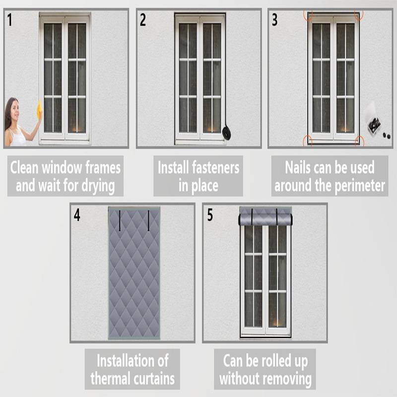 Fünf-Schritt-Diagramm zur Installation von Thermoverhängen: Fensterrahmen reinigen, Befestigungselemente installieren, rund um den Umfang nageln, Vorhang aufhängen, dann aufrollen, ohne ihn zu entfernen.